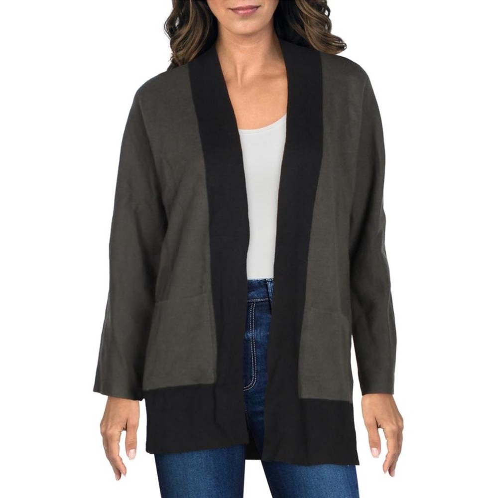 Eileen Fisher Womens Gray Black Cardigan Sweater Jacket‎ Merino Wool XXS